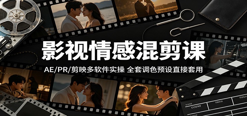 影视情感混剪课：AE/PR/剪映多软件实操，全套调色预设直接套用-资源站