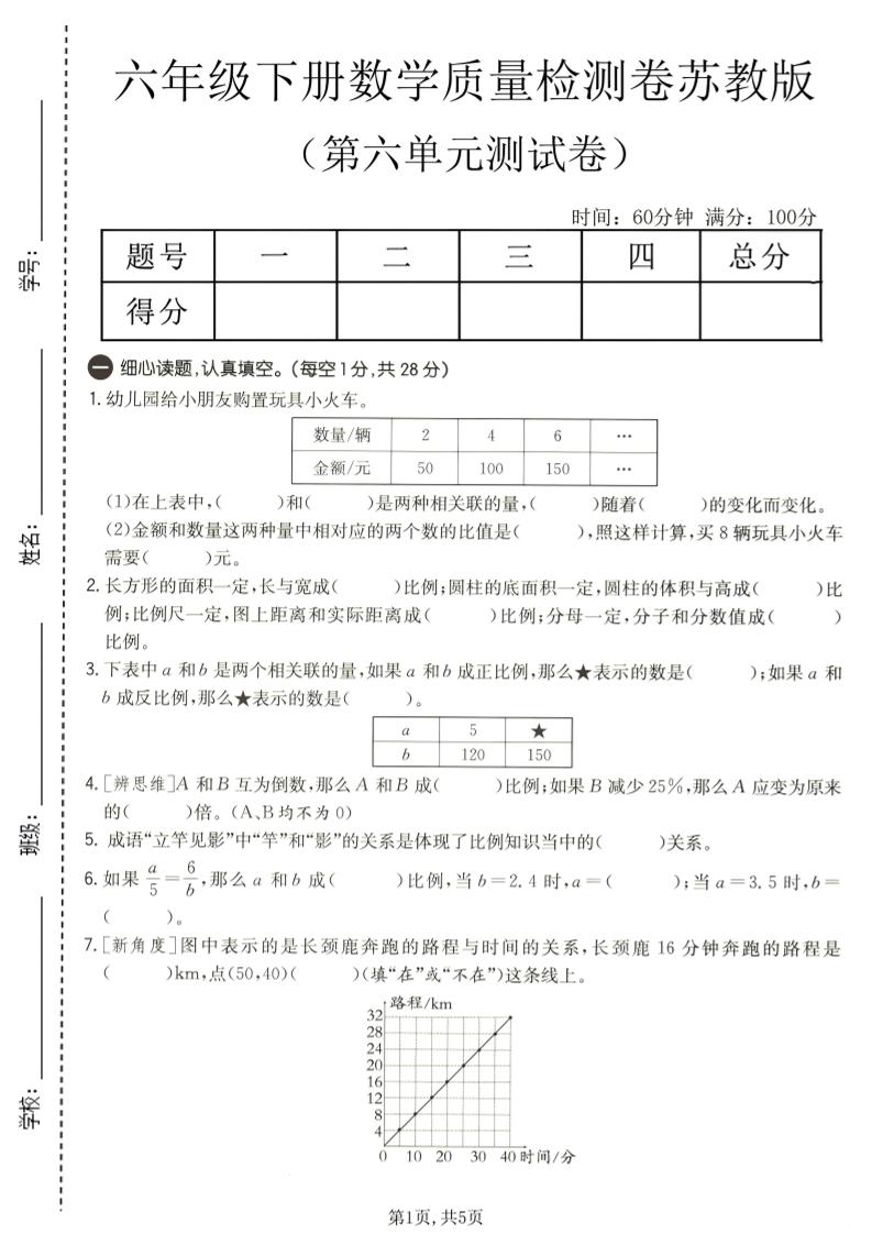 六年级下数学第六单元质量检测卷1《苏教版》-资源站