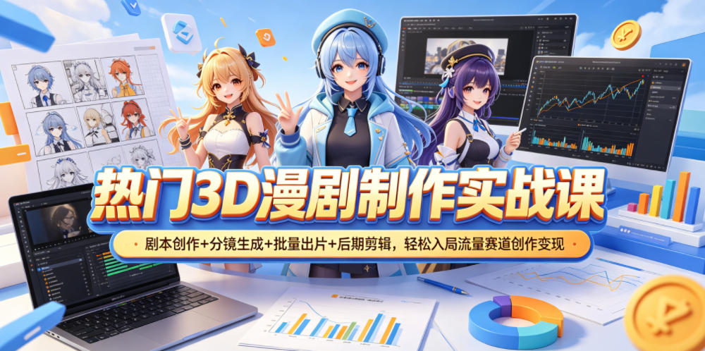 热门3D漫剧制作实战课,剧本创作+分镜生成+批量出片+后期剪辑,轻松入局流量赛道创作变现-资源站