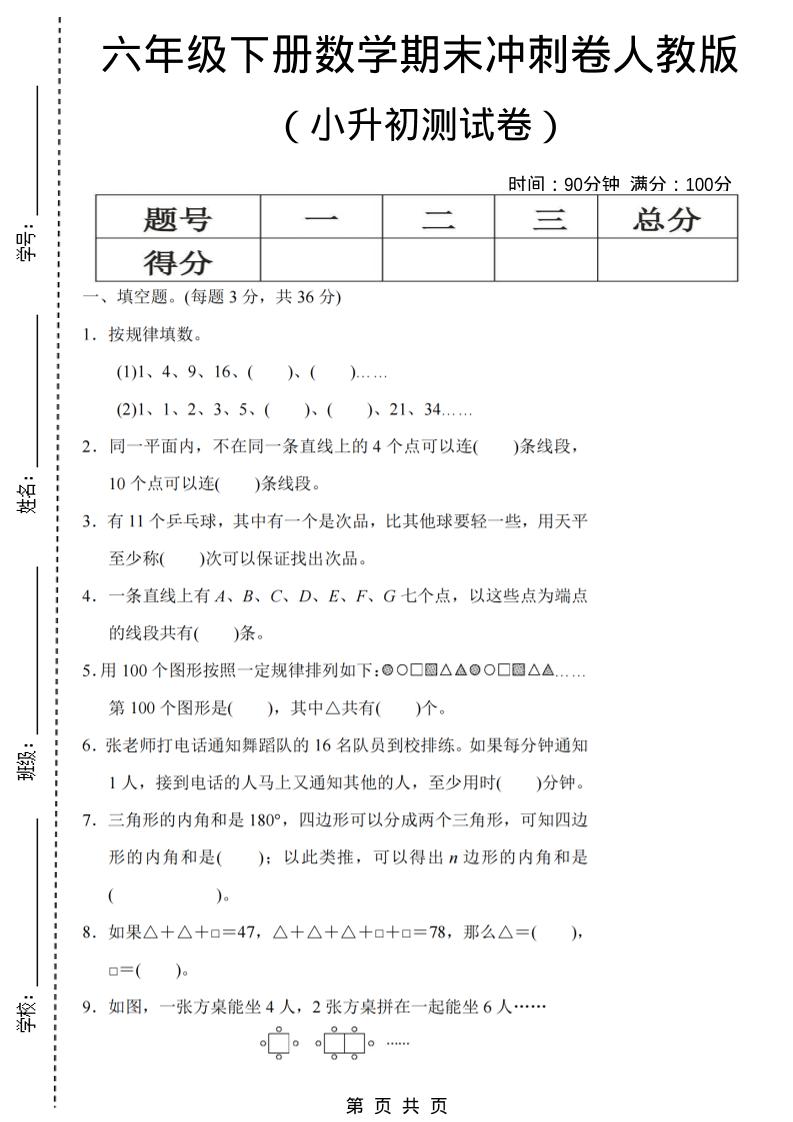 六年级下数学期末小升初冲刺卷《人教版》-资源站