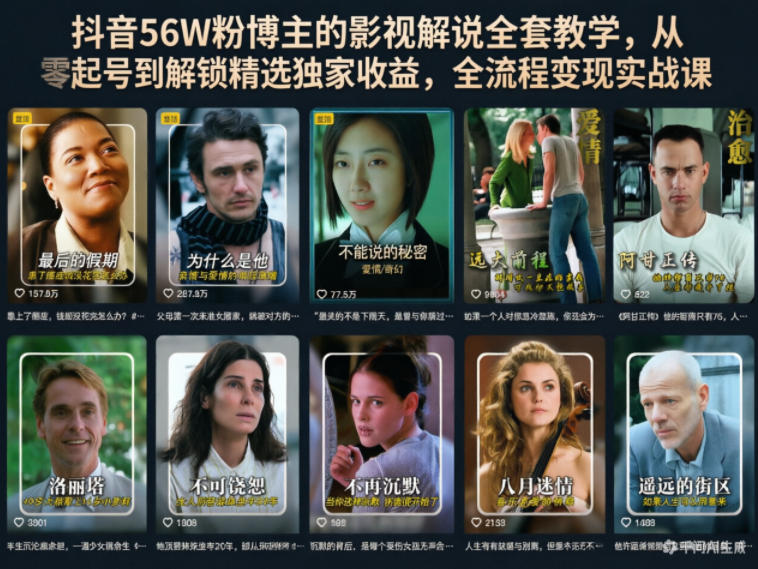 抖音56W粉博主的影视解说全套教学，从零起号到解锁精选独家收益，全流程变现实战课-资源站