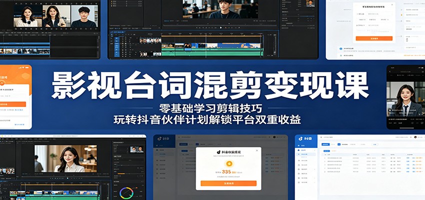 影视台词混剪变现课:零基础学习剪辑技巧,玩转抖音伙伴计划解锁平台双重收益-资源站