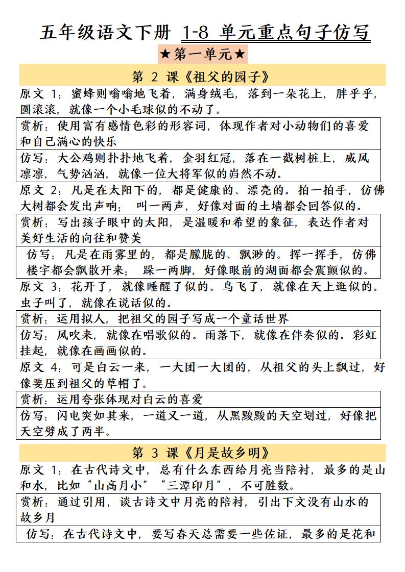 五年级下语文1-8单元重点句子仿写-资源站