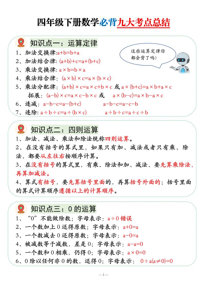 四年级下数学必背九大考点总结-资源站