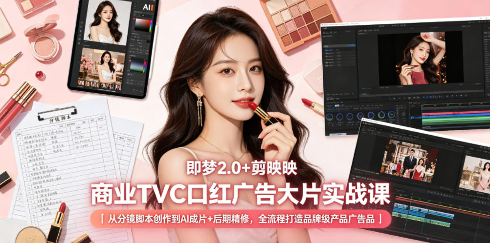 即梦2.0+剪映商业TVC口红广告大片实战课｜从分镜脚本创作到AI成片+后期精修，全流程打造品牌级产品广告-资源站