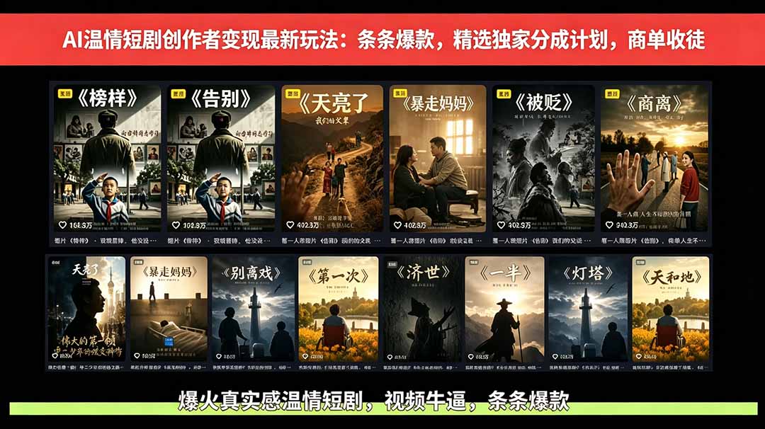 AI温情短剧创作者变现最新玩法：视频牛逼，条条爆款，精选独家分成计划，商单收徒-资源站