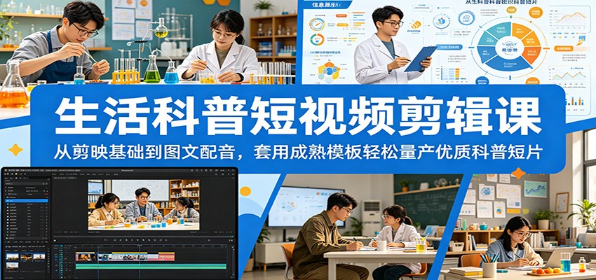 生活科普短视频剪辑课：从剪映基础到图文配音，套用成熟模板轻松量产优质科普短片-资源站