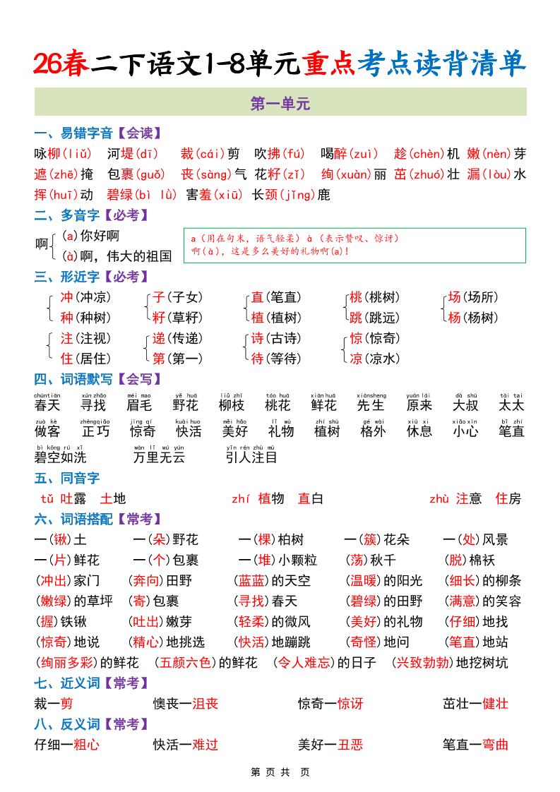 二年级下语文1-8单元重点考点读背清单-资源站