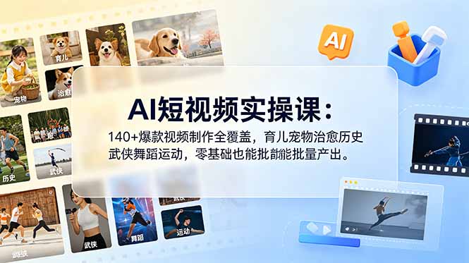 AI短视频实操课：140+爆款视频制作全覆盖，育儿宠物治愈历史武侠舞蹈运动，零基础也能批量产出-资源站
