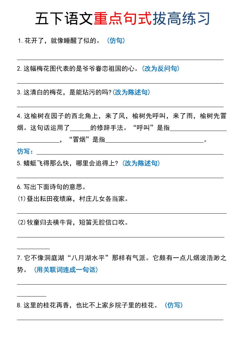 五年级下语文《重点句式》拔高练习-资源站