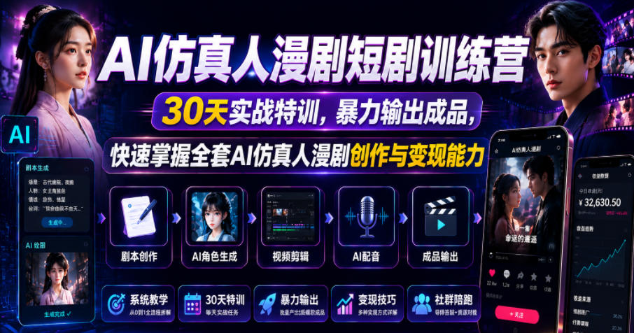 AI仿真人漫剧短剧训练营，30天实战特训，暴力输出成品，快速掌握全套AI仿真人漫剧创作与变现能力-资源站