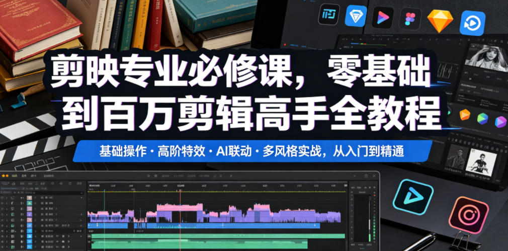 剪映专业必修课，零基础到百万剪辑高手全教程，基础操作・高阶特效・AI联动・多风格实战，从入门到精通-资源站