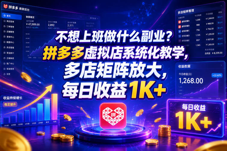 不想上班做什么副业?拼多多虚拟店系统化教学,多店矩阵放大,每日收益1K+【揭秘】-资源站