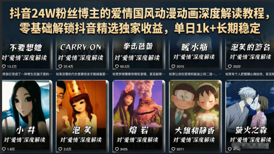 抖音24W粉丝博主的爱情国风动漫动画深度解读教程，零基础解锁抖音精选独家收益，单日1k+长期稳定-资源站
