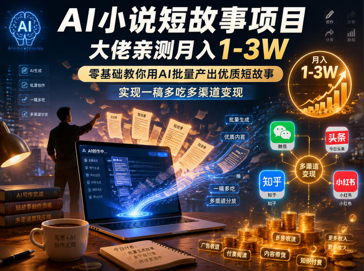 AI小说短故事项目，大佬亲测月入1-3W，零基础教你用AI批量产出优质短故事，实现一稿多吃多渠道变现-资源站