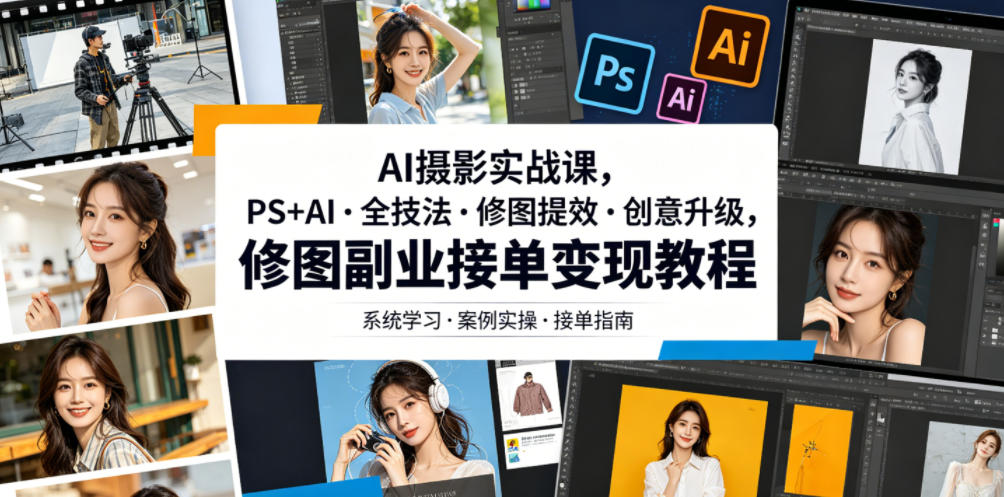 AI摄影实战课，PS+AI・全技法・修图提效・创意升级，修图副业接单变现教程-资源站