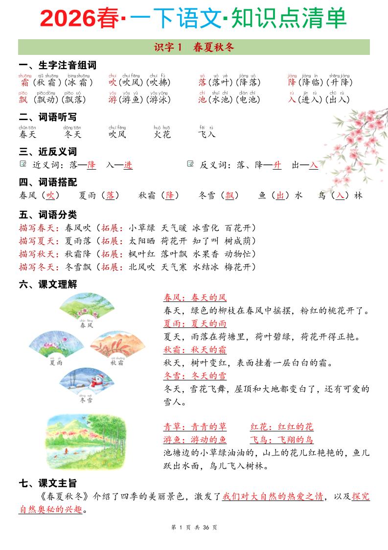 26春一年级下语文期末复习知识点清单-资源站