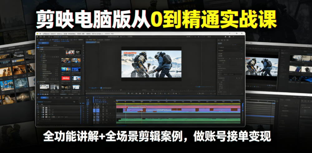 剪映电脑版从0到精通实战课，全功能讲解+全场景剪辑案例，做账号接单变现-资源站
