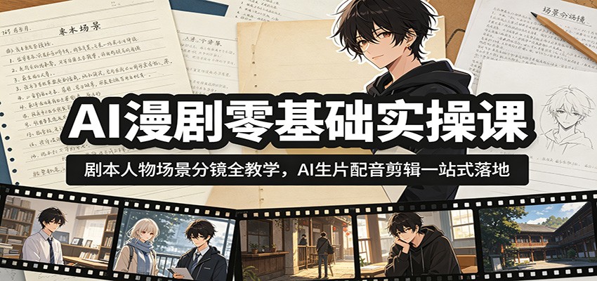 AI漫剧零基础实操课：剧本人物场景分镜全教学，AI生片配音剪辑一站式落地-资源站