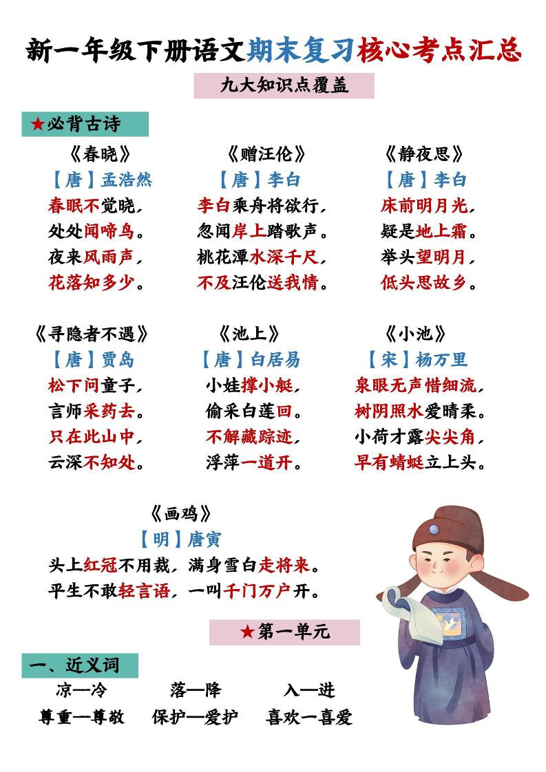 26春一年级下语文期末复习核心考点汇总-资源站