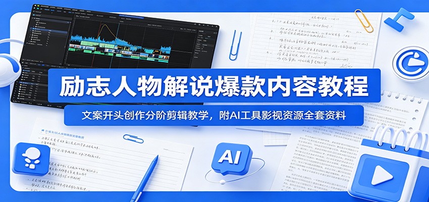励志人物解说爆款内容教程：文案开头创作分阶剪辑教学，附AI 工具影视资源全套资料-资源站
