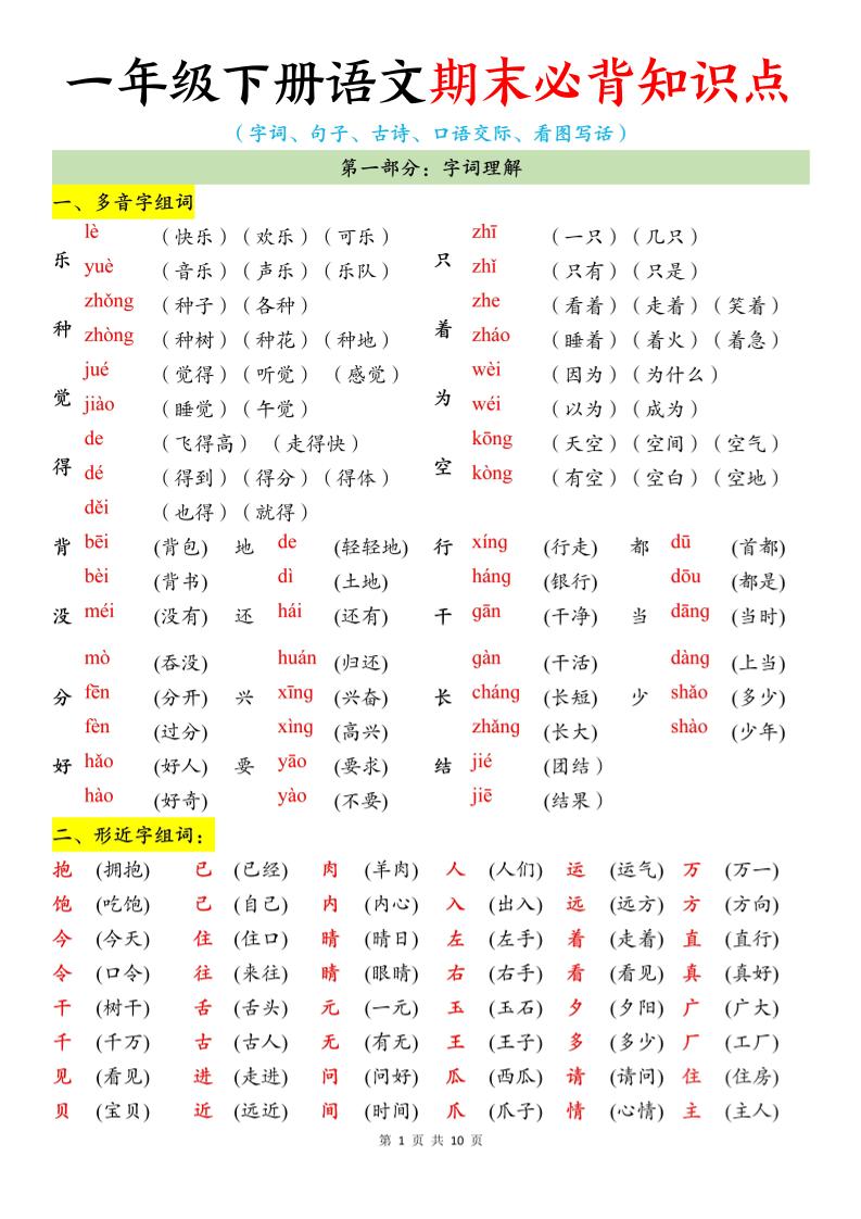 一年级下册语文期末必背知识点-资源站
