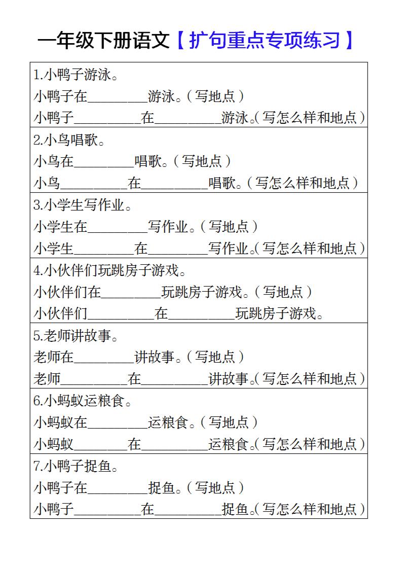一年级下册语文扩句重点专项练习-资源站