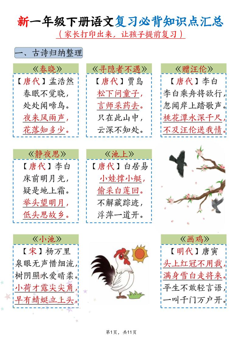 新一年级下册语文复习必背知识点汇总-资源站