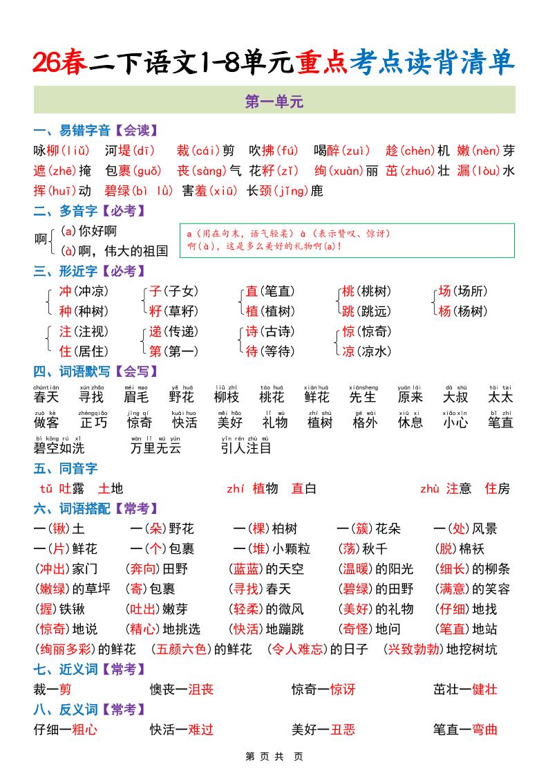 二年级下语文期末复习1-8单元重点考点读背清单-资源站
