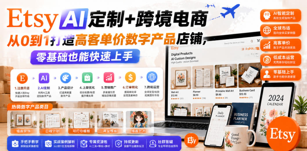 Etsy AI定制+跨境电商，从0到1打造高客单价数字产品店铺，零基础也能快速上手-资源站