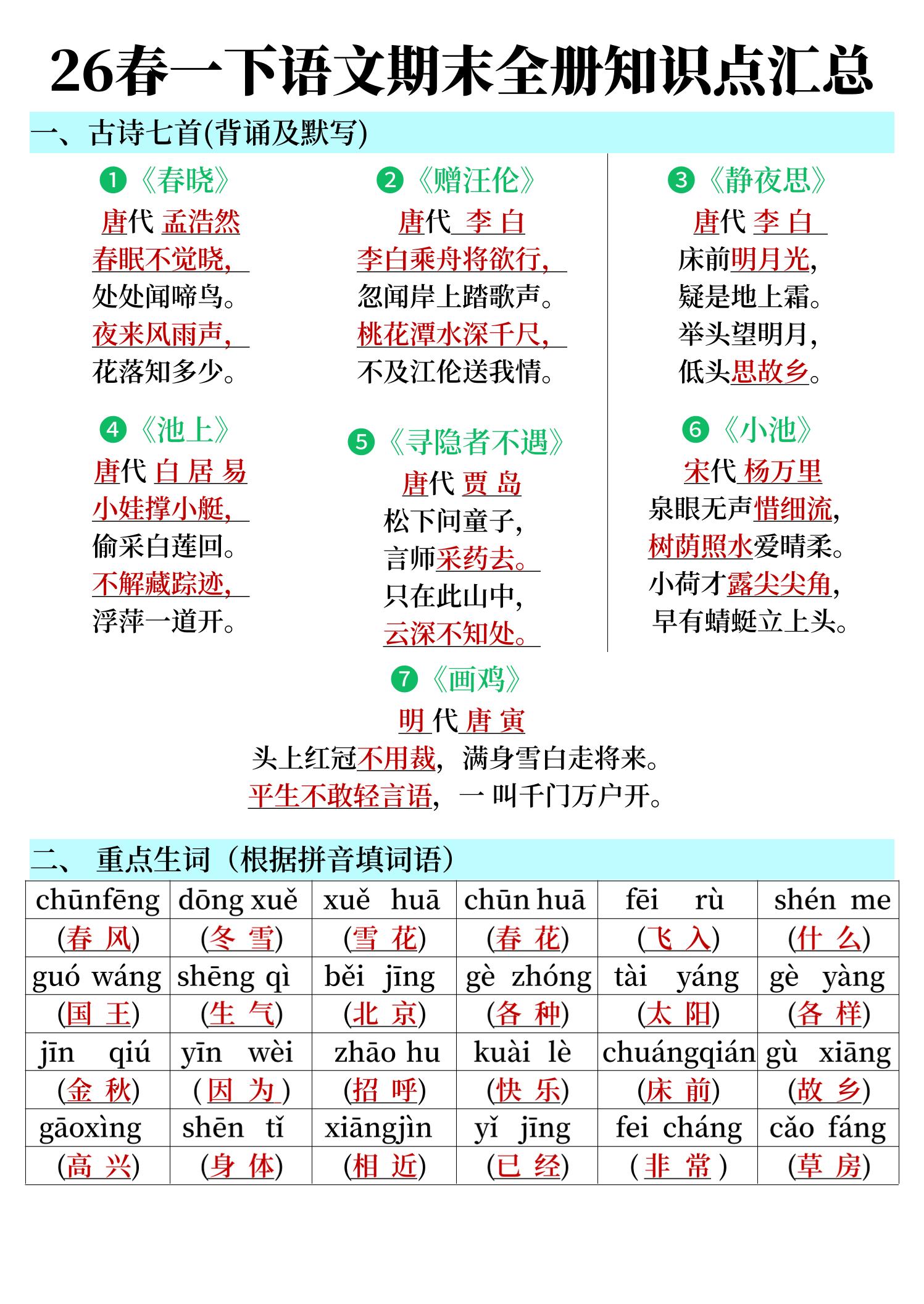 26春一下语文期末全册知识点汇总-资源站