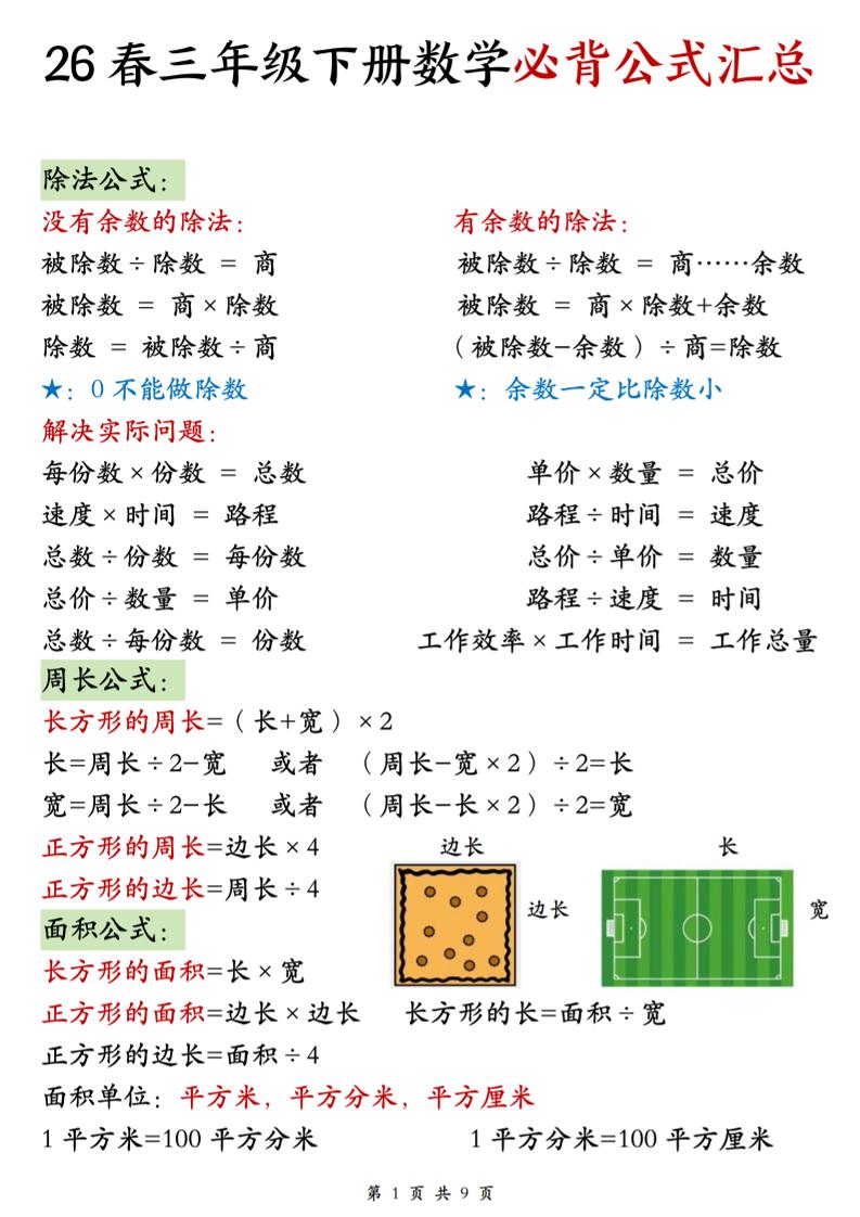 26春三年级下数学期末必背公式汇总-资源站