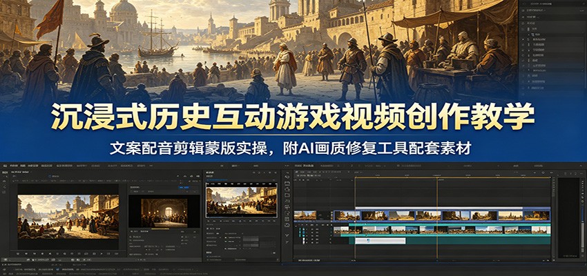 沉浸式历史互动游戏视频创作教学：文案配音剪辑蒙版实操，附AI画质修复工具配套素材-资源站