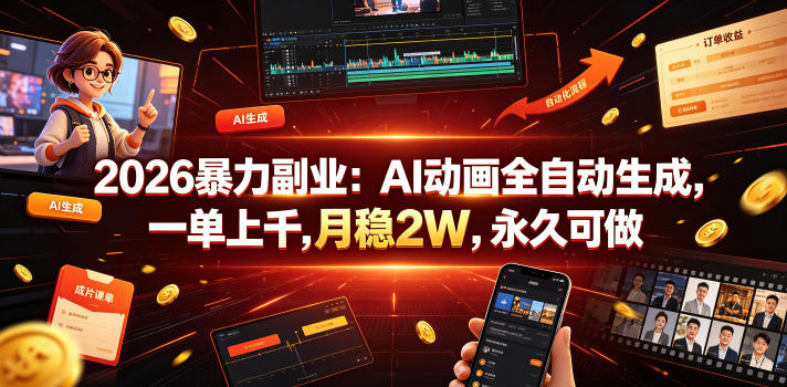 2026暴力副业：AI动画全自动生成，一单上千，月稳2W，永久可做【揭秘】-资源站