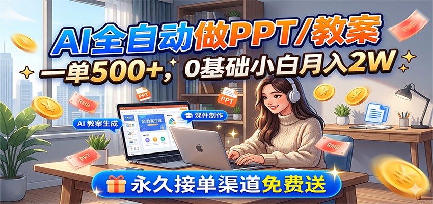 AI全自动做PPT/教案，一单500+，0基础小白月入2W，永久接单渠道免费送-资源站
