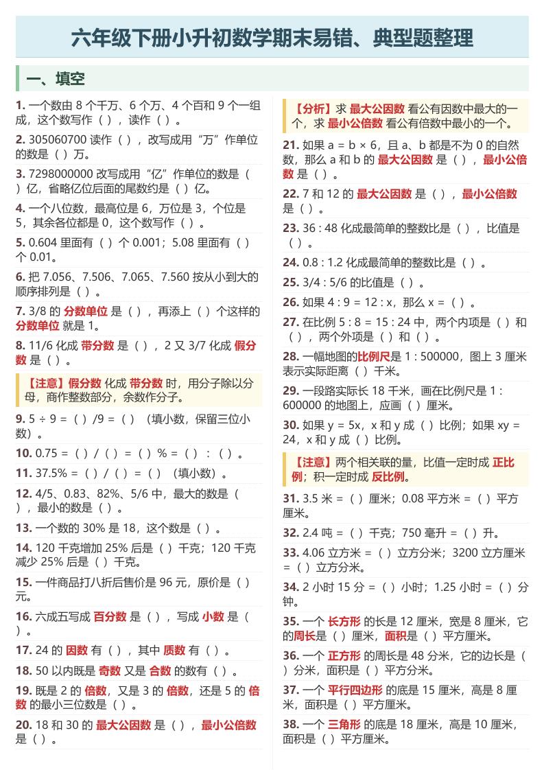 六年级下数学期末常考易错、典型题整理-资源站
