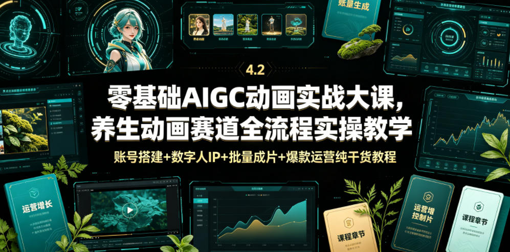 零基础AIGC动画实战大课，养生动画赛道全流程实操教学，账号搭建+数字人IP+批量成片+爆款运营纯干货教程-资源站