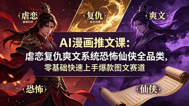 AI漫画推文课：虐恋复仇爽文系统恐怖仙侠全品类，零基础快速上手爆款图文赛道-资源站