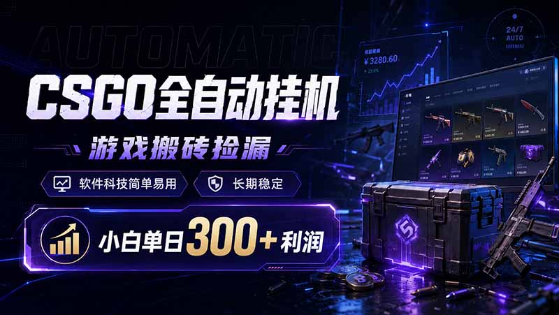 CSGO全自动挂机，游戏搬砖捡漏，软件科技简单易用，长期稳定，小白单日300+利润-资源站
