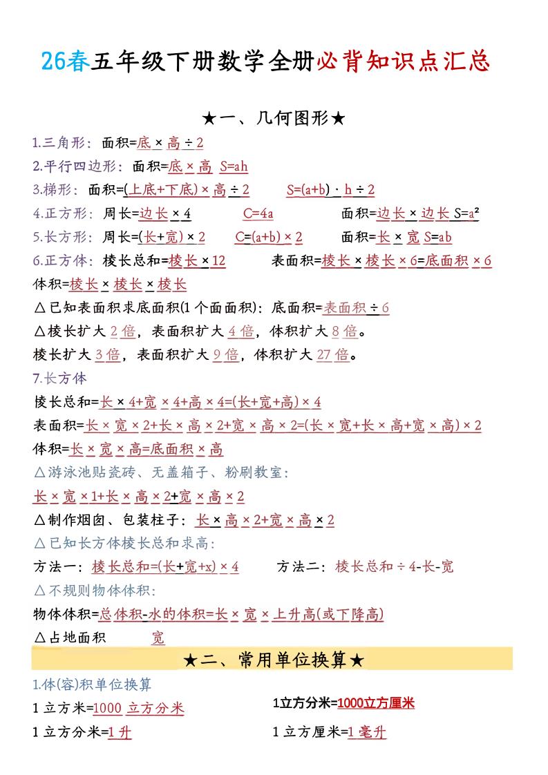 26春五年级下数学期末必背公式汇总-资源站