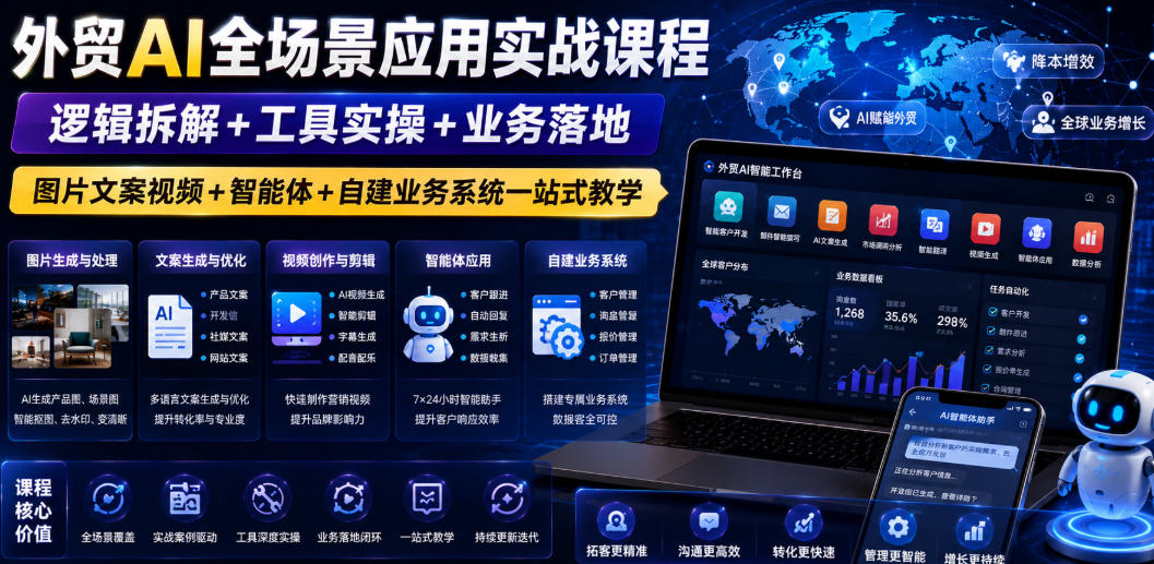 外贸AI全场景应用实战课程｜逻辑拆解+工具实操+业务落地，图片文案视频+智能体+自建业务系统一站式教学-资源站