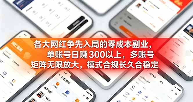 各大网红争先入局的零成本副业，单账号日赚 300 以上，多号矩阵可放大，模式合规长久稳定！-资源站