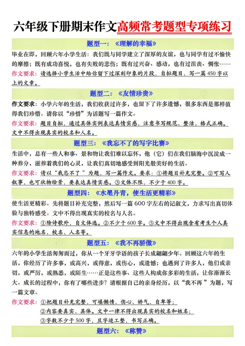 26新六年级下册语文期末作文高频常考题型专项练习-资源站