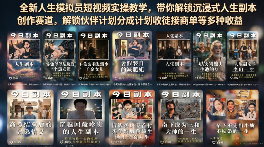 全新人生模拟员短视频实操教学，带你解锁沉浸式人生副本创作赛道，解锁伙伴计划分成计划收徒接商单等多种收益-资源站