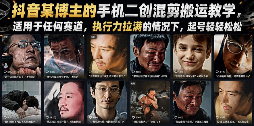 抖音某博主的手机二创混剪搬运教学，适用于任何赛道，执行力拉满的情况下，起号轻轻松松-资源站