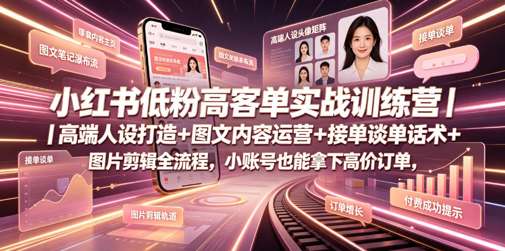 小红书低粉高客单实战训练营｜高端人设打造+图文内容运营+接单谈单话术+图片剪辑全流程，小账号也能拿下高价订单-资源站