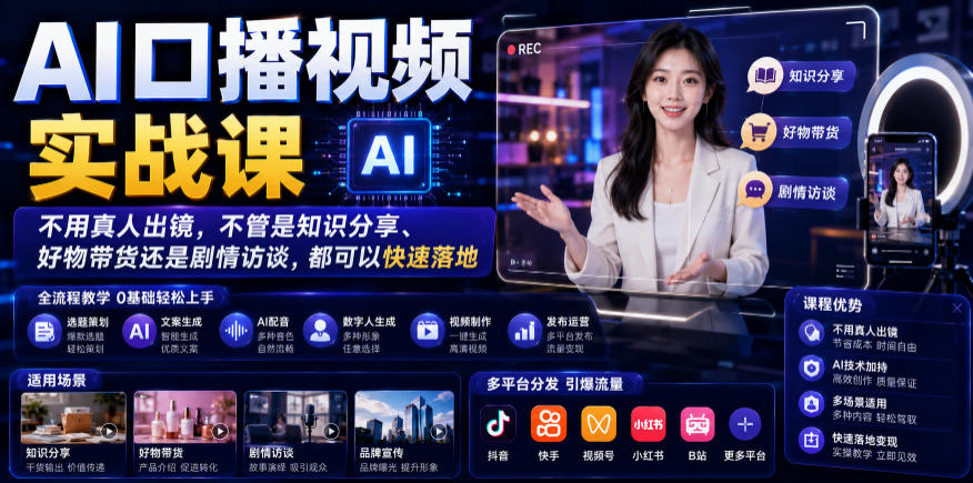 AI口播视频实战课，不用真人出镜，不管是知识分享、好物带货还是剧情访谈，都可以快速落地-资源站