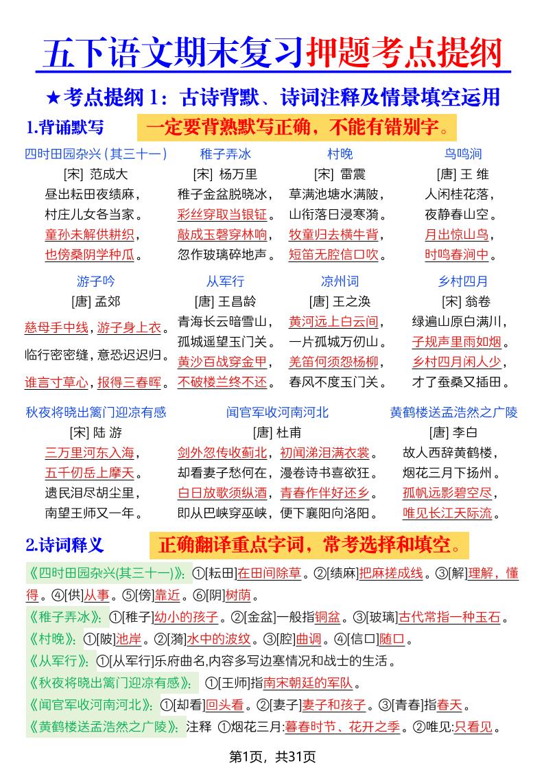 26春五年级下语文期末复习押题考点提纲-资源站