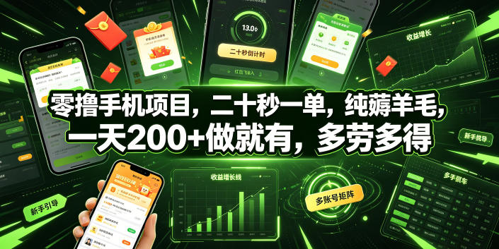 零撸手机项目，二十秒一单，纯薅羊毛，一天200+做就有，多劳多得【揭秘】-资源站