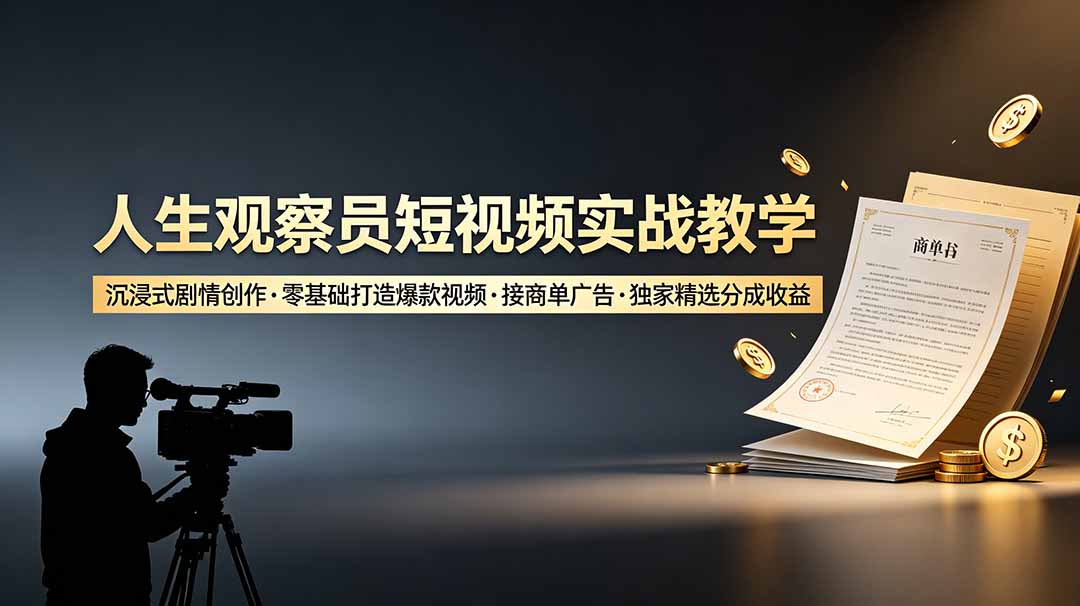 人生观察员短视频实战教学，沉浸式剧情创作，零基础打造爆款视频，接商单广告，独家精选分成收益-资源站